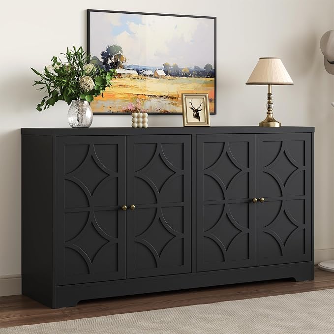 RoyalCraft 112'' Buffet Cabinet with Storage, Modern Sideboard with 4 Carved Doors, Large Wood Coffee Bar Console Table for Kitchen, Dining Room, Entryway, Living Room, Satin Black