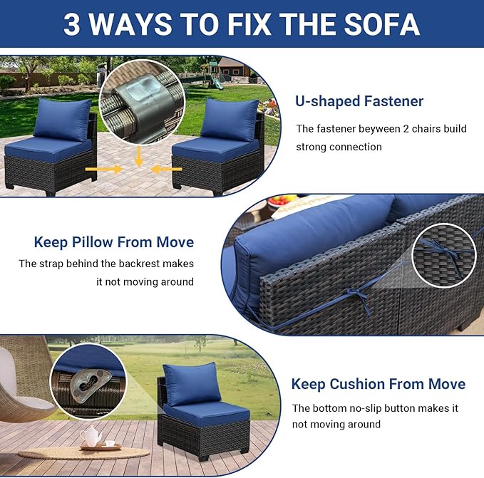 Jing's Villa 2 Piece Outdoor Wicker Armless Sofa, Patio Rattan Sectional Sofa Set with Thick Seat Cushions and 2 Back Cushions for Garden Patio, Backyard, Poolside Navy