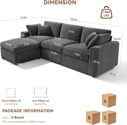 Ihanherry Cloud Sectional Couches for Living Room, 110" Large Modular Sectional Sofa with Wide Deep Seat, L Shaped Couch with Throw Pillow and Storage Ottoman, Dark Grey