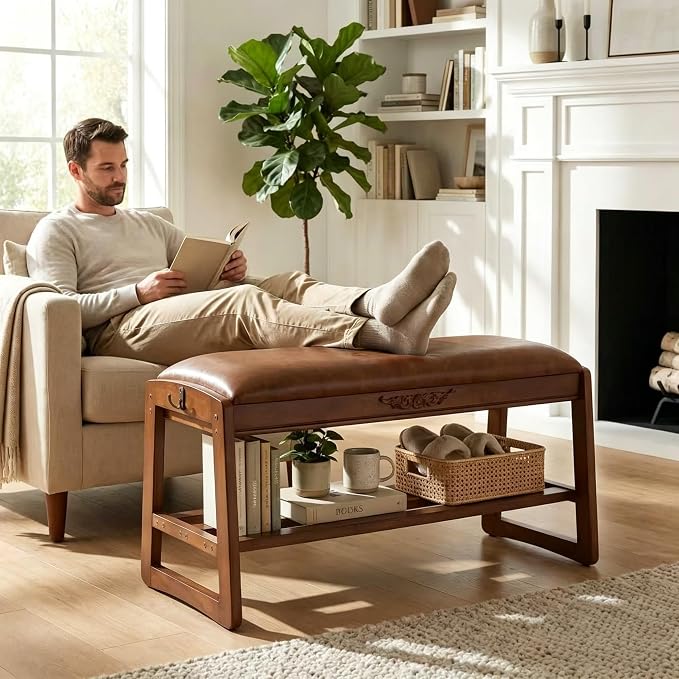Shoe Storage Bench 2 Tier Shoe Rack for Entryway Shoe Rack Bench with Storage with Flip-Top for Hallway Entryway Living Room Wood Shoe Bench with Embossed Pattern and Hook, Walnut (31.5")