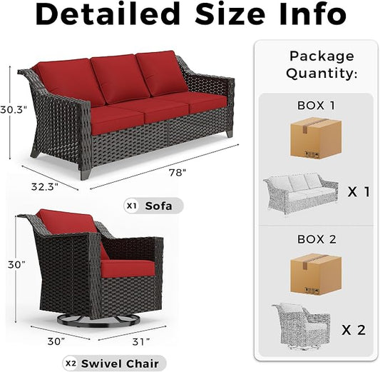 3 Pieces Patio Conversation Furniture Set - 1 Sofa, 2 Swivel Chairs, Outdoor Wicker Furniture with Removable Cushions for Porch, Balcony, Sunroom (Red)