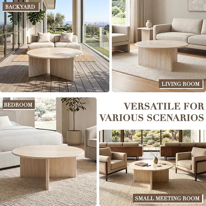 DUOMAY Coffee Table and End Table Set of 2 Modern Round Nesting Coffee Table Faux Marble Side Table Wooden Beige Travertine Finish for Living Room, Reception Room, Home Office