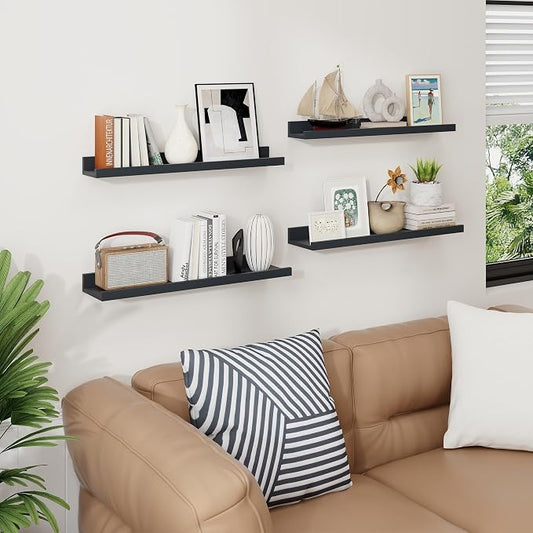 Axeman Picture Ledge Shelf | 24 Inch Black Floating Shelves Set of 4 | Rustic Wood Wall Shelves with Lip | 24" Black Picture Shelves for Wall with Ledge | Photo Shelves