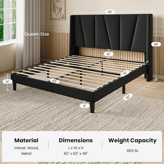 SHA CERLIN Queen Size Bed Frame with Geometric Wingback Headboard, Upholstered Platform Bed with Wooden Slats Support, 8" Under-Bed Space, No Box Spring Needed, Easy Assembly, Black
