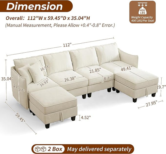 WorthFurni 112" Modular Sectional Sofa U Shape Couches with Storage Ottoman and Washable Cushion Cover for Living Room, Bedroom, Apartment(Beige)