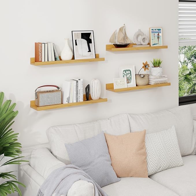 Axeman Picture Ledge Shelf | 24 Inch Oak Floating Shelves Set of 4 | Rustic Wood Wall Shelves with Lip | 24" Oak Picture Shelves for Wall with Ledge | Photo Shelves