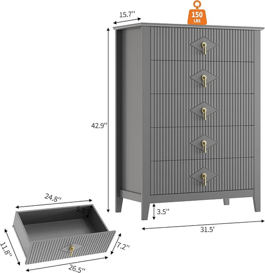 GarveeHome Fluted Dresser for Bedroom, 42.9" Tall 5-Drawer Wood Dresser, Modern Chest of Drawers, Storage Organizer Cabinet for Living Room, Hallway, Entryway, Grey