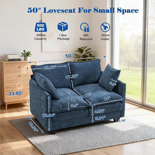 50'' Loveseat Sofa Cloud Sofa Couch, Modern Loveseats 2 Seat Couch 27" Deep Seat with 2 Pillows for Small Spaces Apartment Studio Office Bedroom Living Room, Blue