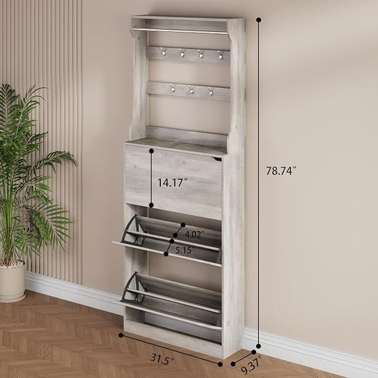 Shoe Storage Cabinet, Wood Shoe Organizer for Entryway with 3 Flip Drawers, Freestanding Shoe Rack with Adjustable Shelf, Narrow Shoe Dresser for Front Door Entrance (Grey, Tall 3 Drawers)
