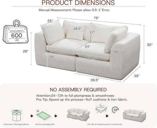 GRUSIGN 79'' Oversized Boneless Cloud Loveseat for Living Room, Modern Big Sectional Compressed 2 Seater Couch with 2 Throw Pillows, Comfy Chenille Deep Seat Foam Spineless 2 Person Couch, Beige