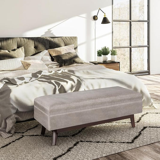 SIMPLIHOME Owen Rectangular Storage Ottoman - 48 inch Wide Upholstered Vegan Leather Lift-Top Ottoman in Distressed Grey Taupe, Mid-Century Modern Ottoman for Living Room with Tufted Detail