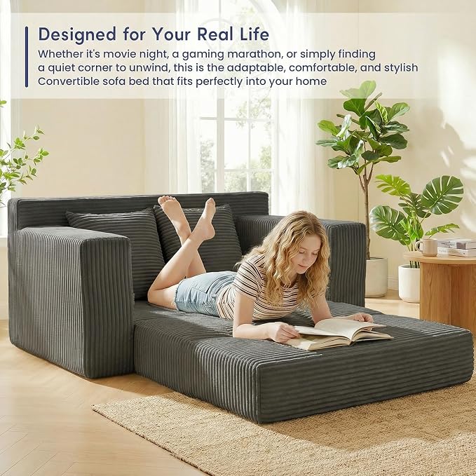 cidludto Boneless Couch Loveseat Sleeper, Convertible Sofa Bed Folding Couch Bed Foldable, 2 in 1 Boneless Chair Bed & Futon Sofa Bed, Small Pull Out Sofa with 4 Pillows for Living Room, Grey