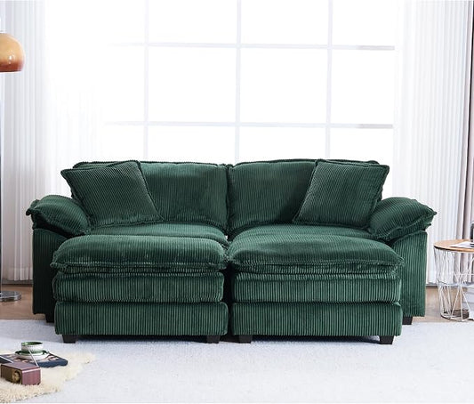 84.6” Corduroy Loveseat with Ottoman, Oversized Double Chaise Lounge Chair Indoor Deep Seat Two Seater Couch Cloud Couch Modular Sectional Sofa for Living Room(Corduroy Green)