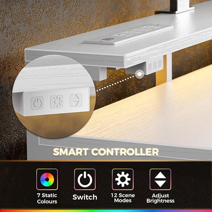 Huuger Gaming Desk with 6 Drawers, Computer Desk with LED Lights Power Outlets and Type-C, 39 Inch Office Desk with Storage, Monitor Stand, Writing Work Desk Home Office, Bedroom, White