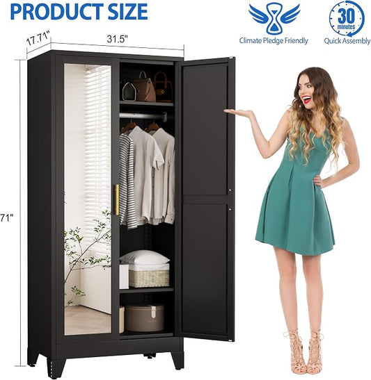 GAIOUS Metal Wardrobe Cabinet with Mirror and Hanging Rod, 71" Black | Clothing Storage Cabinets with 2 Doors and Adjustable Shelves, Armoire Wardrobe Closet for Bedroom, Laundry Room, Cloak Room