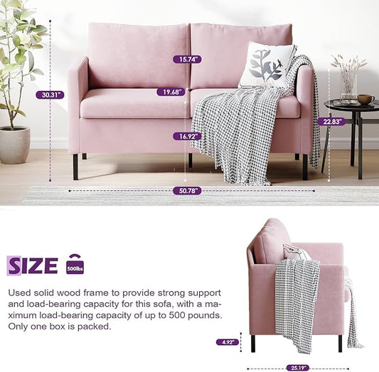 TYBOATLE Pink Love Seat Mid Century Modern Small Loveseat for Living Room, 51" W Mini Little Upholstered 2-Seater Love Seats w/Iron Legs for Compact Small Space, Apartment, Bedroom, Dorm, Office