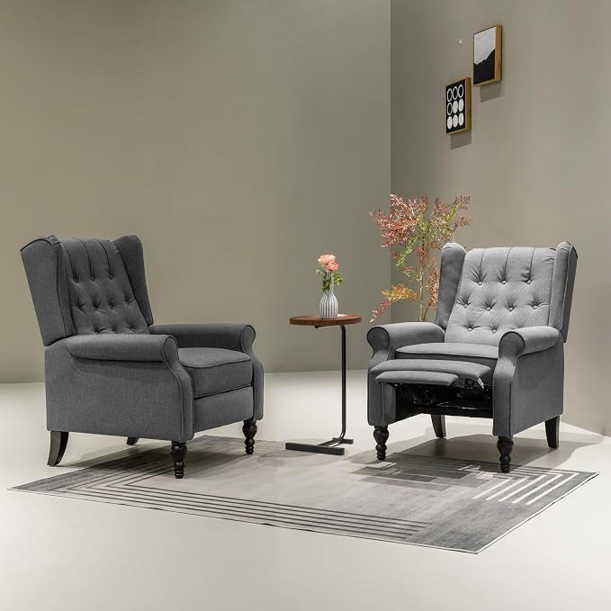 Mid Century Wingback Recliner Chair for Adults, Modern Linen Fabric Push Back Recliner Chairs with Button Tufted Upholstered Back & Footrest, Manual Recliner Chais for Living Room, Nursery, Gray