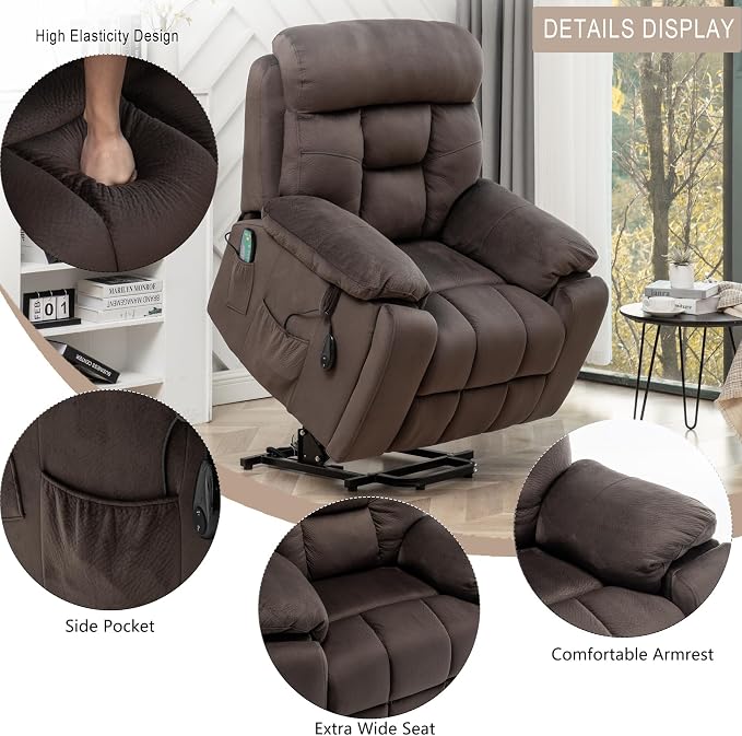 FUNECORP Power Lift Recliner Chair with Massage and Heating Functions,Velvet Sofa with 2 Remote Controls and Two Cup Holders,Recline up to 160 Degrees,Suitable for Living Room
