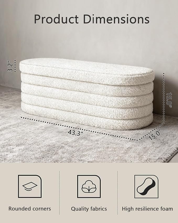 GLAXYFUR Storage Ottoman Bench, 43 Inch Upholstered Entryway Shoe Seat, End of Bed Stool Blanket Chest for Living Room, Hallway, Sherpa White