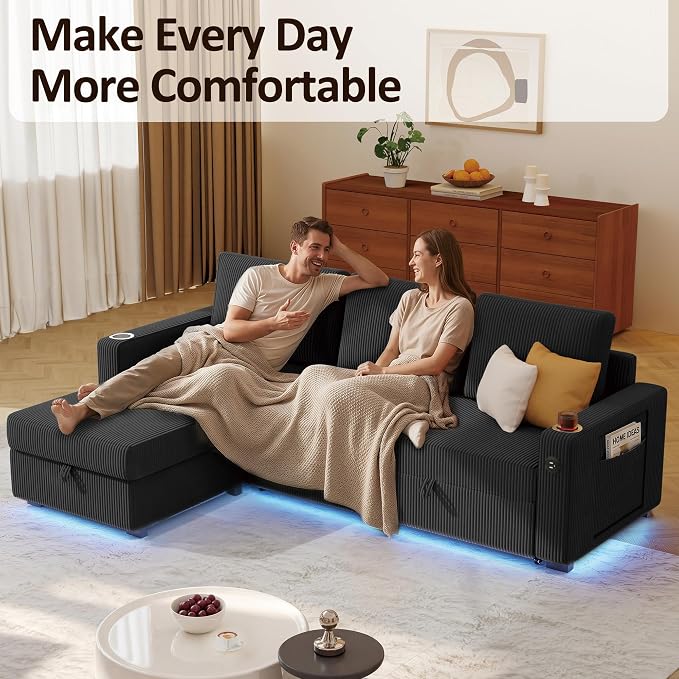 Ball & Cast 80" Sectional Sleeper Sofa Bed Pull Out Couches for Living Room | L Shaped Convertible Pull Out Sofa Bed with Storage Chaise, LED Lights, Foldable Table, USB Ports, Cup Holder and Side Pocket