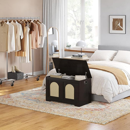 DINZI LVJ Storage Chest, 31.5" Rattan-Like Toy Box with 2 Safety Hinges, Wooden Entryway Storage Bench with Flip-Top, Storage Trunk for Living Room, Bedroom, Easy Assembly, Espresso and Natural