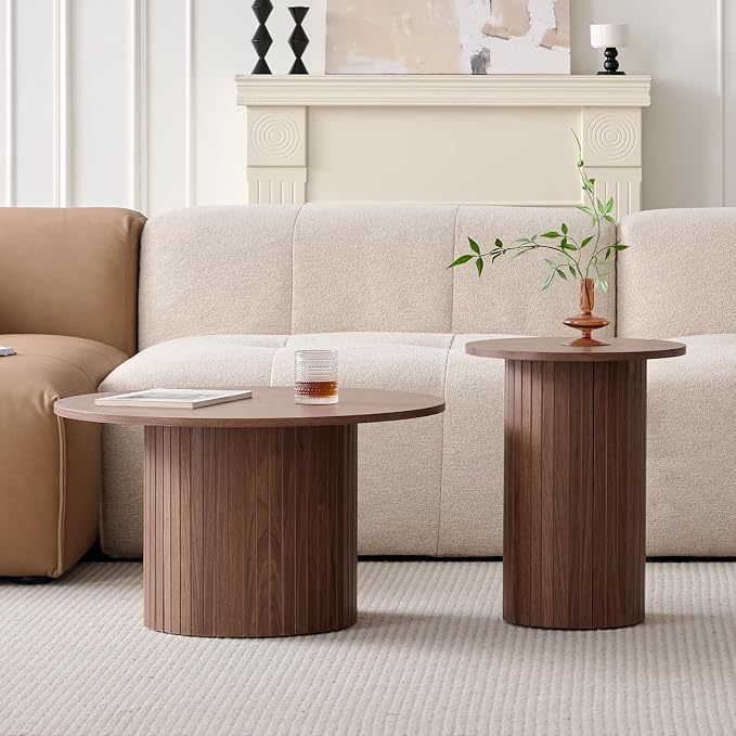 Round Nesting Coffee Tables for Living Room, Set of 2, Brown | φ27.6 + φ15.8 Boho Small Circle Side Tables, Fluted Drum Design Non-Slip Feet Minimalist Modern End Table Wood Grain Finish