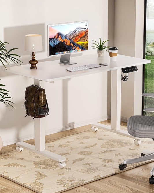 Okin Standing Desk Electric Adjustable Computer Whole Piece Stand up Desk with Wheels Office Gaming Home Office Memory Desks 48x24 inches White