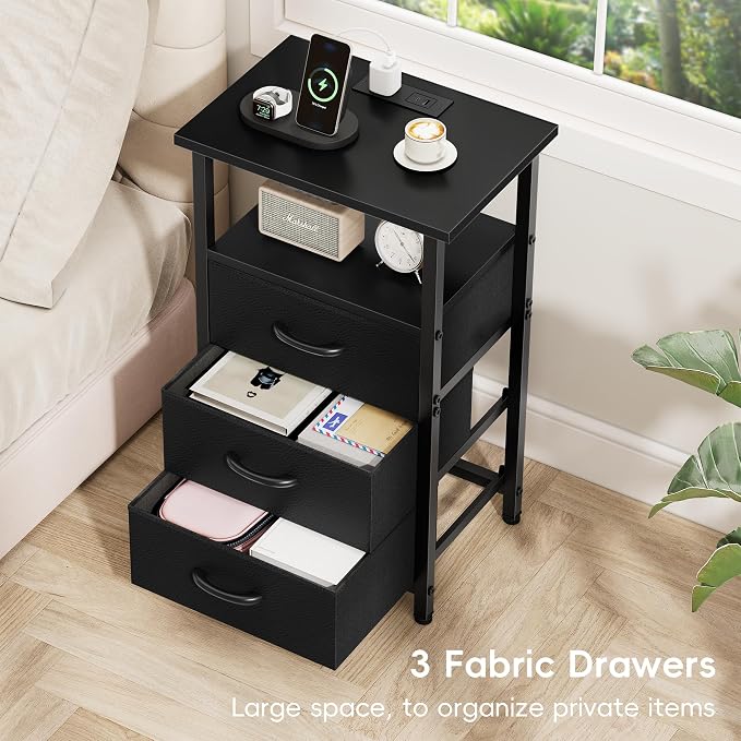 Vagusicc Nightstand Set of 2 with Charging Station, Bedside Table with USB Ports and Outlet, End Table Side Table with 3 Fabric Drawers and Storage Shelf, Bed Side Table Night Stand for Bedroom, Black