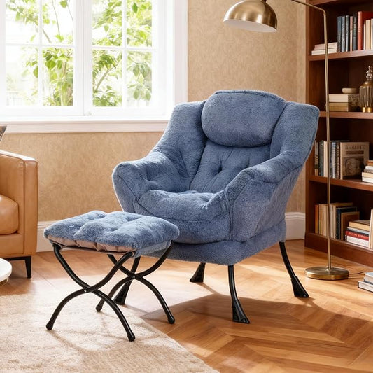Lazy Chair with Ottoman, Modern Accent Chair Contemporary Lounge Leisure Sofa Chair with Armrests, Reading Chair and Folding Footstool Set for Living Room, Bedroom, Office, Velvet Black