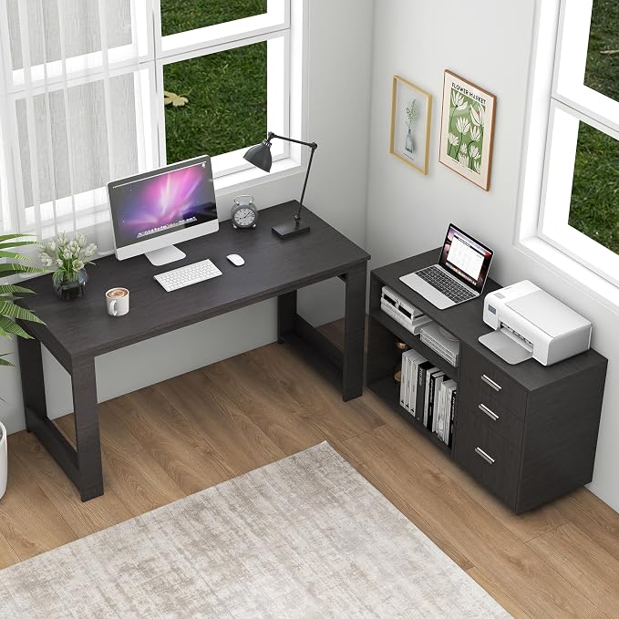 MU 55inch L Shaped Desk, Corner Computer Desk with 3 Drawers and 2 Shelves, Writing Office Table with Storage File Cabinet, Large Executive Desk with Wheels for Home Office, Bedroom (Grey)