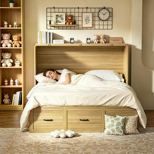 Murphy Bed Full Size with Storage and Charging Station, Farmhouse Wall Bed Cabinet Foldable Wooden Frame for Guest Room - Natural