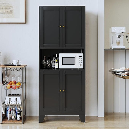 69" Tall Metal Pantry Cabinet with Microwave Stand,Microwave Storage Cabinet with 4 Doors & 3 Adjustable Shelves for Kitchen (4doors-Black, 13.78" D x 27.54" W x 68.9" H)