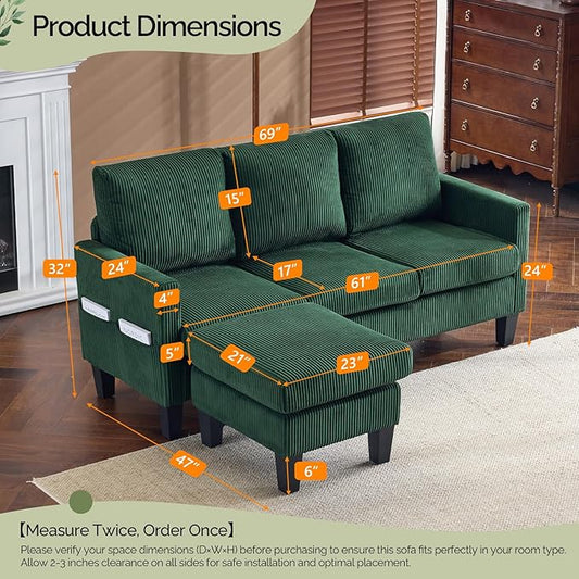 VINGLI 68.5' L Shaped Couch with Movable Storage Ottoman, Convertible Sectional Sofa in Soft Corduroy Fabric, Modern Reversible Chaise Couch for Small Spaces, Apartment, Living Room,Dark Green