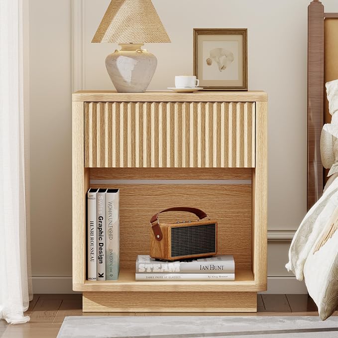 Baoz Oak Fluted Nightstand with Charging Station & 1 Drawers for Bedroom | 19" Wide Mid Century Modern Bedside Table Natural Wood Curved Profile Design Night Stand Metal Handle