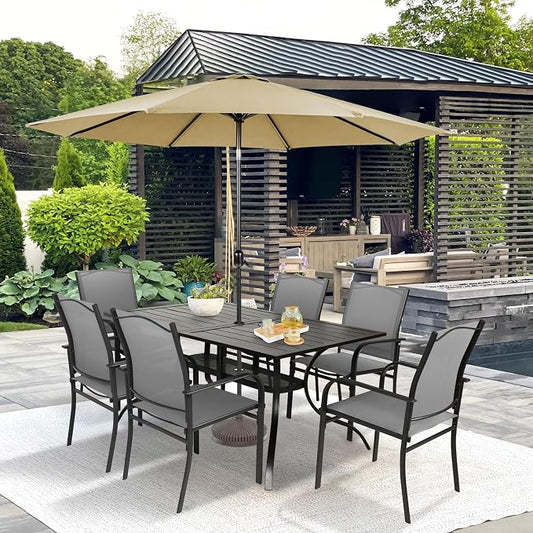 SUNCROWN 8 - Piece Outdoor Dining Set, Patio Furniture Set with 6 Textilene Dinning Chairs, 1 Rectangle Metal Table and 1 Brown 9Ft Patio Umbrella for Lawn Garden Backyard Deck, Grey