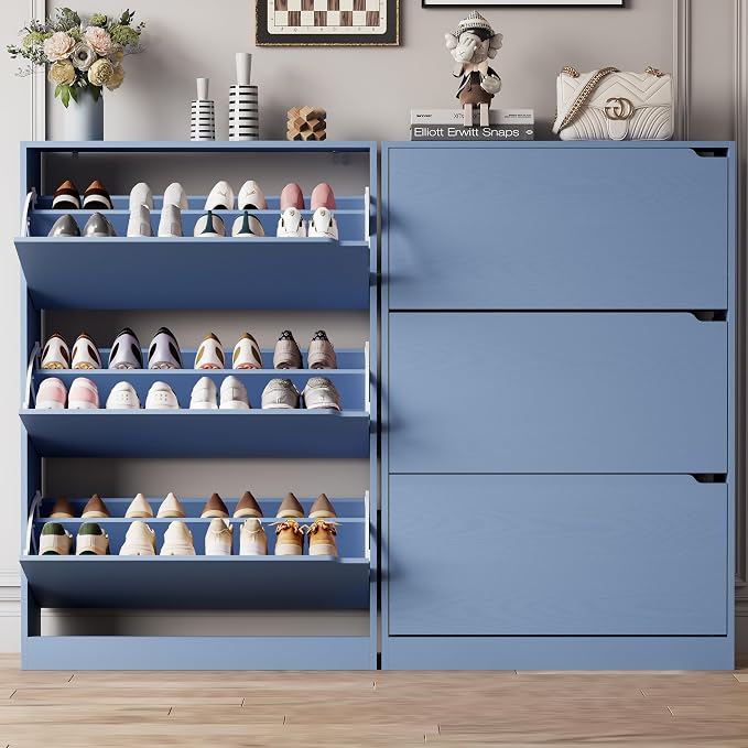 Xixini Shoe Storage Cabinet for Entryway with 3 Flip Drawers, Sturdy Wood Hidden Shoe Storage, Freestanding Narrow Slim Shoe Organizer for Front Door Entrance, Living Room, Hallway, Bedroom, Blue