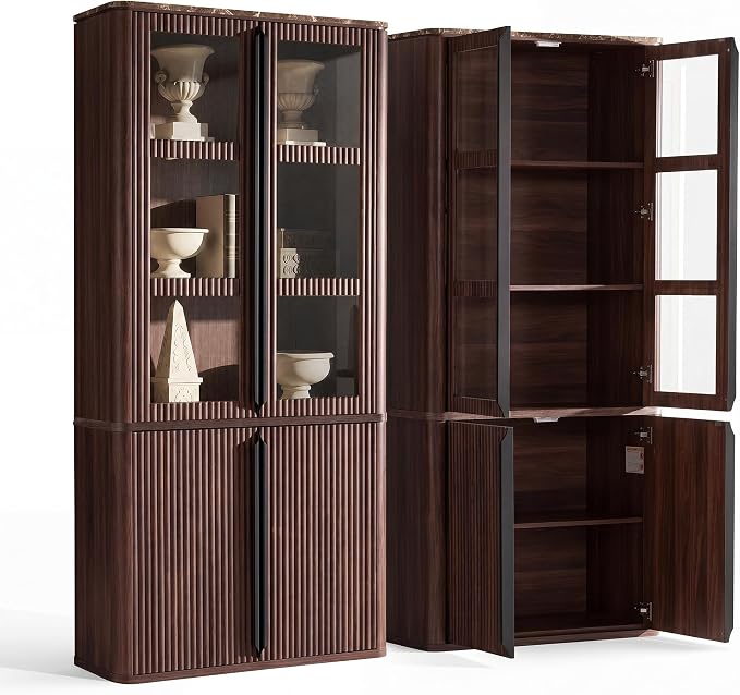 77" Tall Storage Cabinet - Fluted Pantry Cabinets with Glass Doors, Wooden Kitchen Food Cupboard, Adjustable Shelves, Modern Display Storage Closet for Living Room, Dining Room, Office, Brown 2pcs