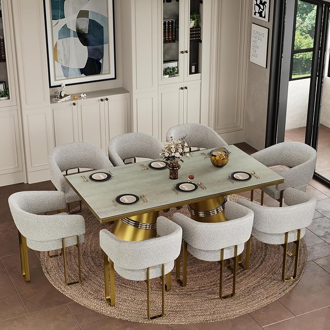 Gold Dining Chair with Arms, Luxury Off White Boucle Upholstered Barrel Dining Room Chairs with Armrest & Brushed Gold Metal Frame for Kitchen(5 PCS)