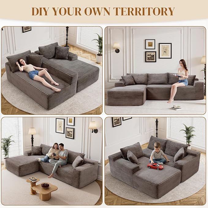 95" L Shaped Boneless Sectional Couches, Wide Armrest, Deep Seat, Memory Foam, Assembly Free, Modern Comfy Corduroy Fluffy Cloud Sofa with Left Chaise for Living Room, Small Spaces, Brown
