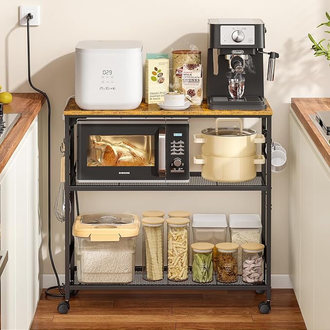 3 Tier Rolling Kitchen Microwave Cart with Power Outlet, 33 Inch Microwave Table Stand with Adjustable Shelf, Kitchen Storage Island Utility Cart Bakers Rack Coffee Bar for Living Room, Office
