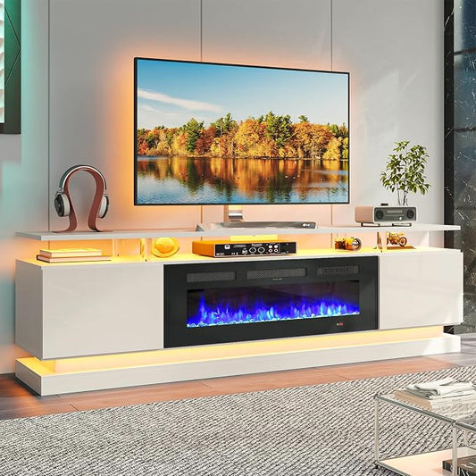 80" Fireplace TV Stand, Modern Entertainment Center for TVs Up to 90", TV Console with Storage Cabinets, Media Console for Living Room, WI-FI Enabled White TV Stand and Black Fireplace