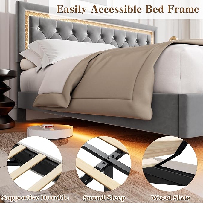 Garvee Floating Bed Frame King Size with Smart Led Lights, Upholstered Platform Bed with Diamond Headboard, Solid Wood Slats Support, No Box Spring Needed, Noise-Free, Easy Assembly, Grey