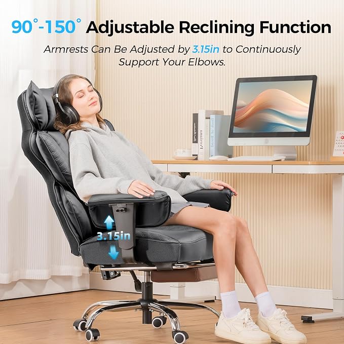 GTPLAYER Big and Tall Gaming Chair 400lbs Heavy Duty Office Chair with Foot Rest & Ergonomic Pocket Spring Lumbar Support, High Back 3D Saddle Shaped Cushion for Back Pain Relief, Grey