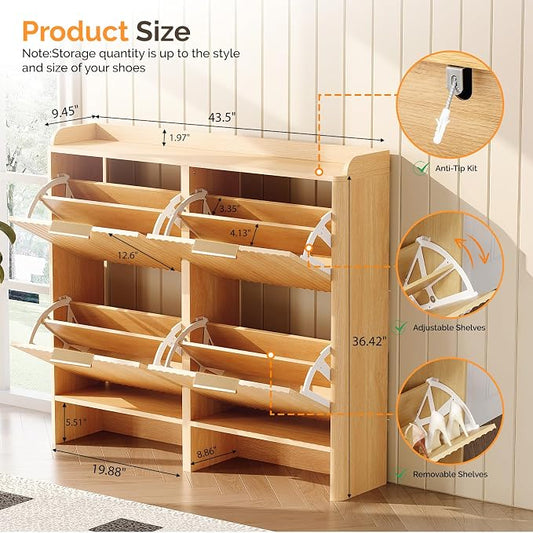 VINGLI 43.5" Large Oak Fluted Shoe Storage Cabinet with 4 Flip Drawers, Slim Entryway Shoe Organizer with Unique Curved Side Panels, Natural Wood Shoe Rack for Hallway, High Capacity Hidden Shoe Shelf