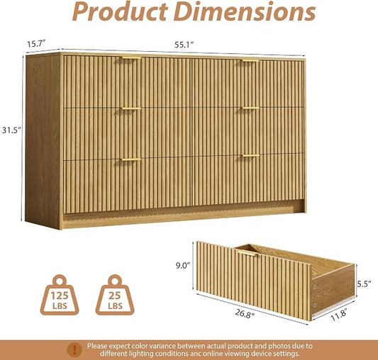 MAISONARIA 3-Piece Dresser Bedroom Set, 6 Drawer Dresser & 2 Drawer Nightstands with Gold Handles, Fluted Wood Chest of Drawers for Bedroom, Living Room, Entryway, Nature
