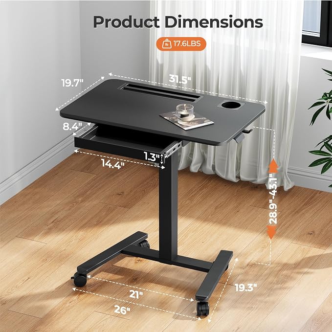 Mobile Standing Desk with Drawer, 32" Rolling Desk with Cup Holder and Hooks, Portable Laptop Cart on Wheels, Height Adjustable Workstation with Storage for Home Office, Black