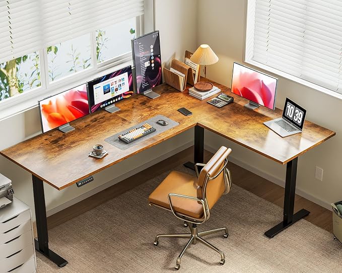 Casaottima 71 Inch Reversible Electric L Shaped Standing Desk, Height Adjustable Corner Stand up Desk, Ergonomic Large Lift Table for Home, Office, Workstation, Reception Room, Rustic Brown