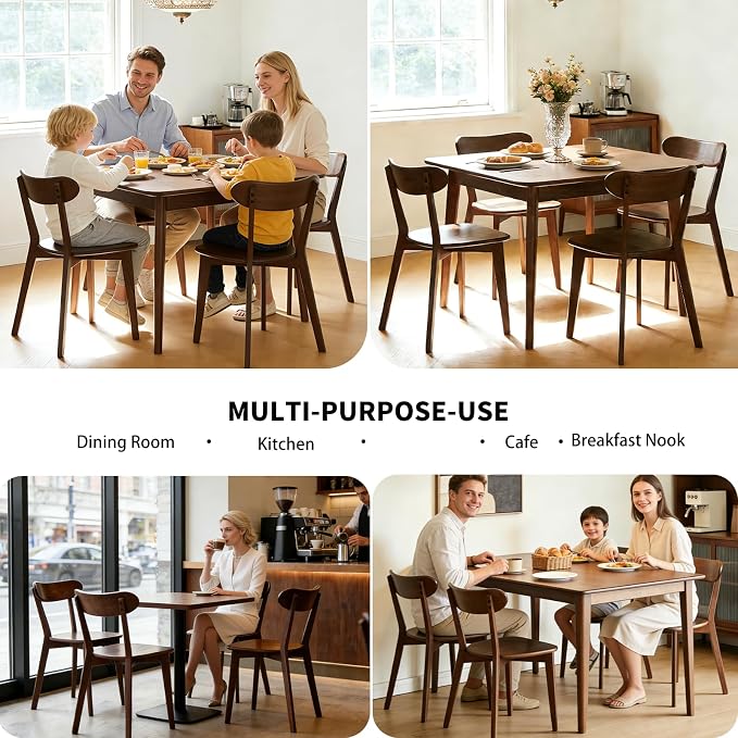 Mid Century Modern Walnut Dining Chairs Set of 4, FAS-Grade Solid Oak All Hardwood Frame, Armless & Curved Back, Heavy Duty 400 lb Capacity, Easy Assembly for Breakfast Nook, Dining Room, or Kitchen