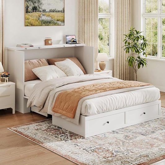 LIVAUVEAD Queen Murphy Bed with Drawer Storage & Charging Station, Murphy Bed Cabinet with Foldable Panel, for Guest Bedroom, Living Room, Office, White