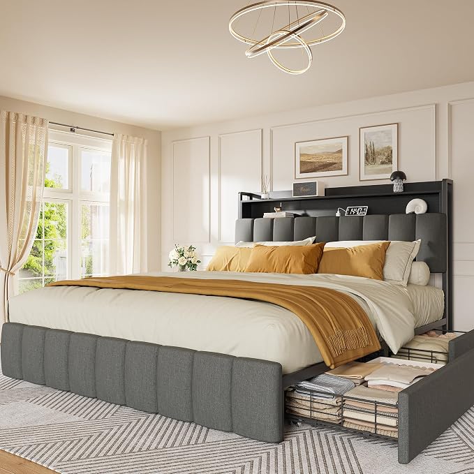 PRAISUN Bed Frame Queen Size with Upholstered Headboard & Charging Station, Queen Bed Frame with 4 Storage Drawers, 2-Tier Open Shelves, No Box Spring Needed, Slient Foam Strip, Easy Assembly, Grey